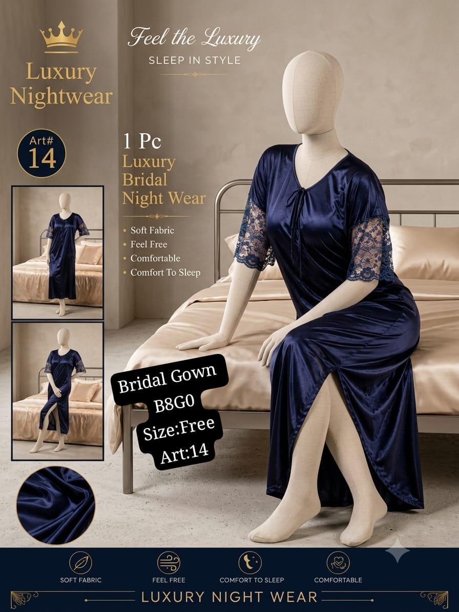 Luxury Bridal Nightwear Gown – Soft Silk Jersey (Blue) | Free Size | Art 14
