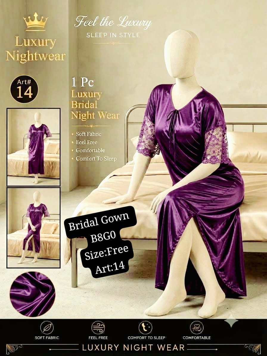 Luxury Bridal Nightwear Gown – Soft Silk Jersey (Purple) | Free Size | Art 14
