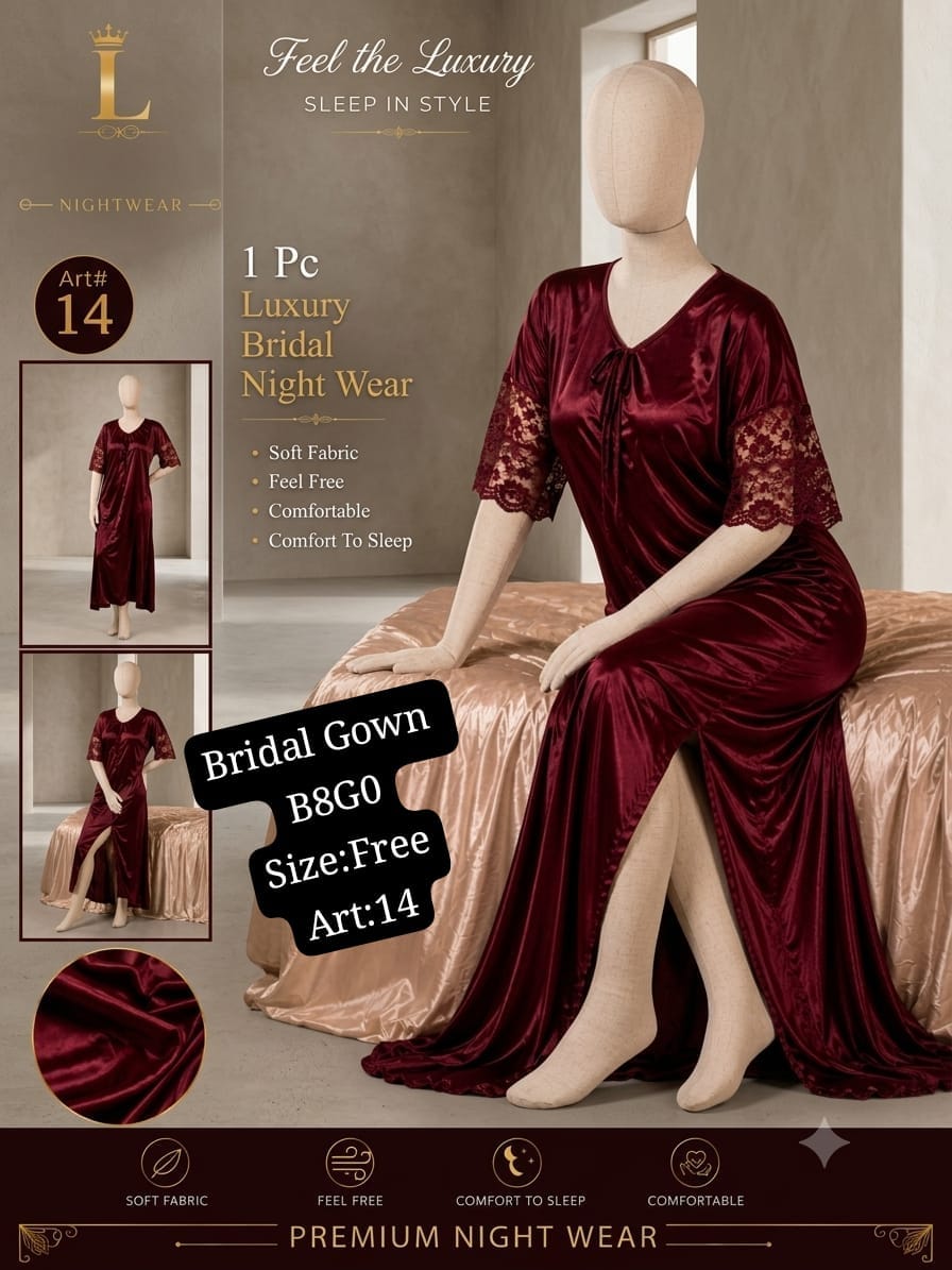 Luxury Bridal Nightwear Gown – Soft Silk Jersey (Maroon) | Free Size | Art 14