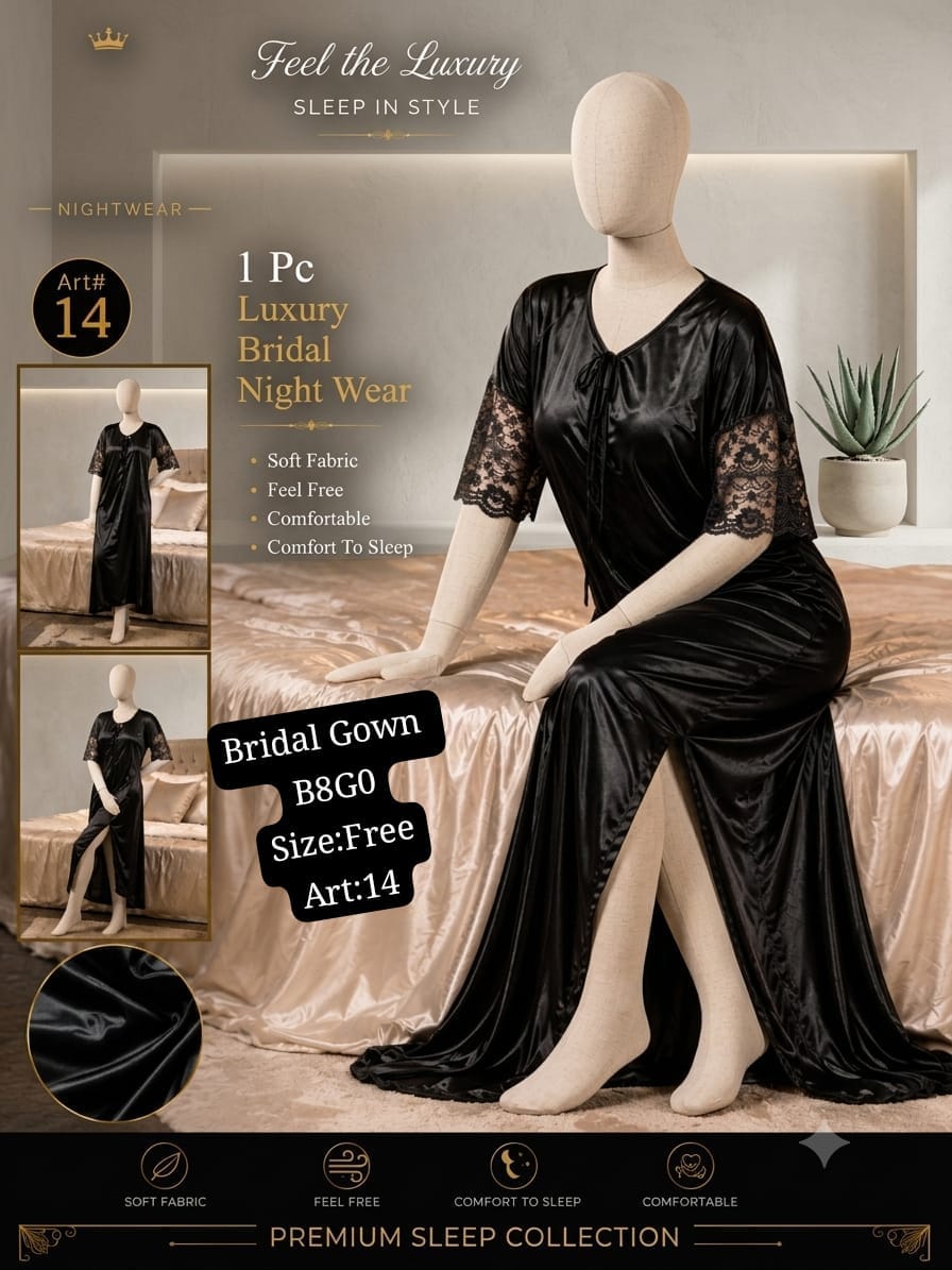 Luxury Bridal Nightwear Gown – Soft Silk Jersey (Black) | Free Size | Art 14