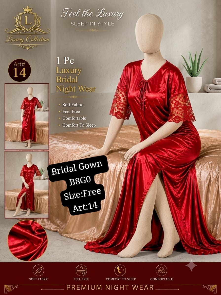 Luxury Bridal Nightwear Gown – Soft Silk Jersey (Red) | Free Size | Art 14